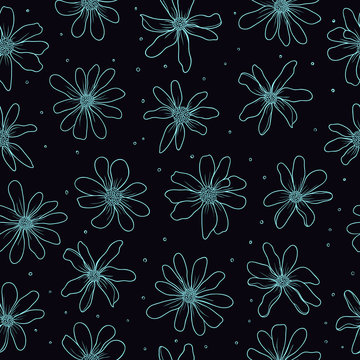 Seamless florar pattern. Light blue daises on dark background. Vector illustration