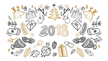 Sketchy vector hand drawn set of New Year cartoon linear doodle objects, symbols and items. Round frame composition with 2018. Holiday card, banner,