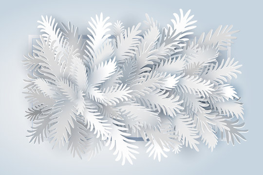 Christmas Fir Tree Branches With Horizonatal Frame On White Paper Background. Happy New Year Background For Invitation, Poster, Card Or Leafet. Vector Illustration. Paper Art Cut Out Design.