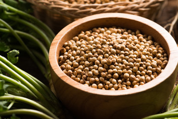 Coriander seeds and leaves on a wood background