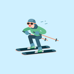 Happy young man skiing, Winter sports concept, vector cartoon illustration.