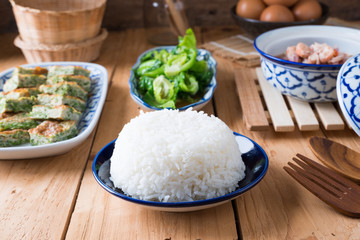 Thai food, Stir fried Cabbage  with Oyster sauce , Acacia Pennata Omelette and Shrimp-paste sauce