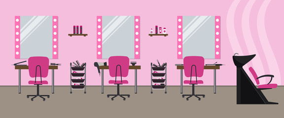 Interior of a hairdressing salon in a pink color. Beauty salon. There are tables, chairs, a bath for washing the hair, mirrors, hair dryer, combs and other objects in the image. Vector illustration