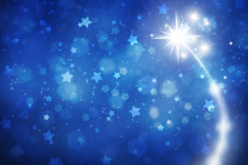 Naklejka na ściany i meble New Year and Christmas Holiday illustration copy space background with fireworks, blurred star shapes and snowflakes.