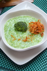 Baby food , Bowl with healthy baby food on table.