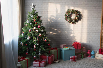 room with a decorated Christmas tree.
