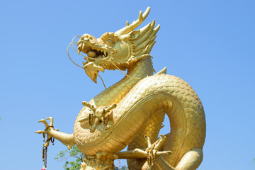 Chinese dragon statue in the mouth with glass balls On the blue sky background