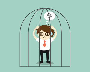 Business concept, Stressed businessman in the jail. Vector illustration.