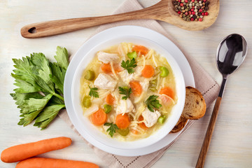Chicken soup with noodles, carrot and celery, closeup photo