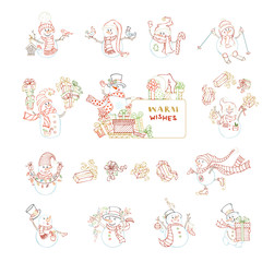 Vector set of cute outlined snowmen.