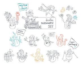 Vector set of cute doodles snowmen.