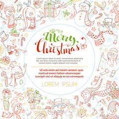 Fototapeta premium Vector Christmas outlined snowmen background.