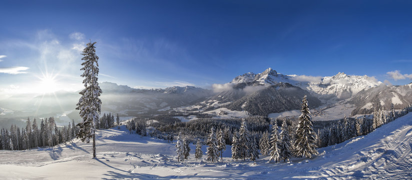 Sunset from mountain hut in skiresort Werfenweng over Tennen mountains