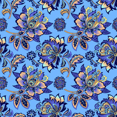 Fototapeta na wymiar seamless floral ornament on a blue background 