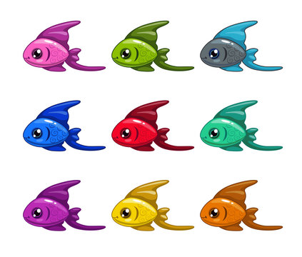 Funny cartoon colorful fishes set.