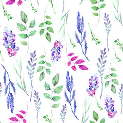     Watercolor seamless pattern, background with a floral pattern. Illustration - Branch, wild grass, plant, flower, blue berry, red leaf, green leaf. Vintage pattern on a white background. 