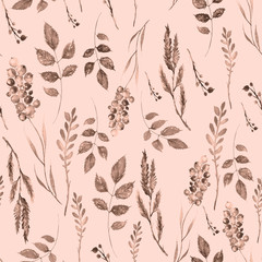     Watercolor seamless pattern, background with a floral pattern. Illustration - Branch, wild grass, plant, flower, berry, red leaf, green leaf. Vintage pattern on a beige, pink, brown background. 