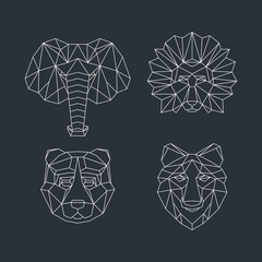 Polygonal geometric wolf, elephant, bear, lion. Abstract linear isolated animals Vector illustration