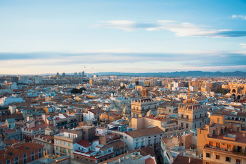 Evening panoramic view of Valencia city center from a tower of Valencia Cathedral, Spain.