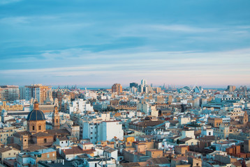 Evening panoramic view of Valencia city center from a tower of Valencia Cathedral, Spain.