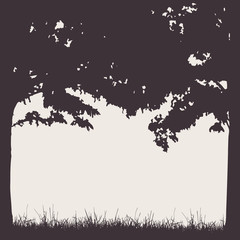 Frame of tree trunks and branches with foliage in retro style with space for text