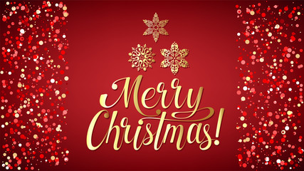 Fototapeta na wymiar Merry Christmas background with lettering and snowflakes, light, stars. Gold gradient text on red ground. For greeting and congratulation cards, banner. Vector Illustration.