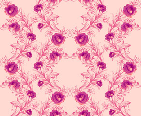 Obraz premium Damask pattern with rose flowers Vector illustration handmade ornament decor. Baroque background textures