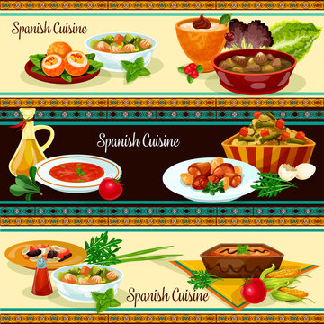 Spanish cuisine banner set with traditional food