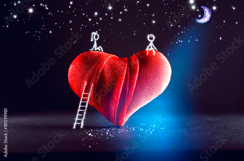 Pictured Boy And Girl Are Sitting On Big Heart Of Moonlit Night Under Stars In Sky Pictured Boy And Girl Are Sitting On Big Heart Of Moonlit Night Under Stars In Sky
