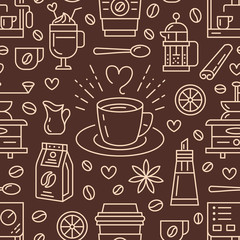Seamless pattern of coffee, vector background. Cute beverages, hot drinks flat line icons - coffeemaker machine, beans, cup, grinder. Repeated texture for cafe menu, shop wrapping paper.
