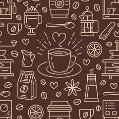 Washable wall murals Coffee Seamless pattern of coffee, vector background. Cute beverages, hot drinks flat line icons - coffeemaker machine, beans, cup, grinder. Repeated texture for cafe menu, shop wrapping paper.