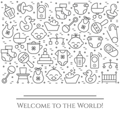 Baby theme horizontal banner. Pictograms of baby, pram, crib, mobile, toys, rattle, bottle, diaper, bathtub, bib and other newborn related elements Line out symbols. Editable stroke.