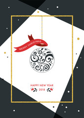 Happy New Year and Merry Christmas design with ornate ornament and gold glitter frame. 