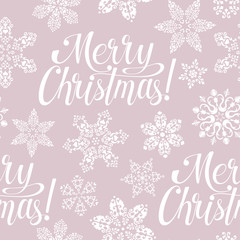 Seamless background pattern with Merry Christmas lettering and openwork snowflakes. Vector illustration.