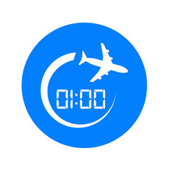 Icono plano 01:00 avion girando en circulo azul