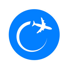 Icono plano avion girando en circulo azul