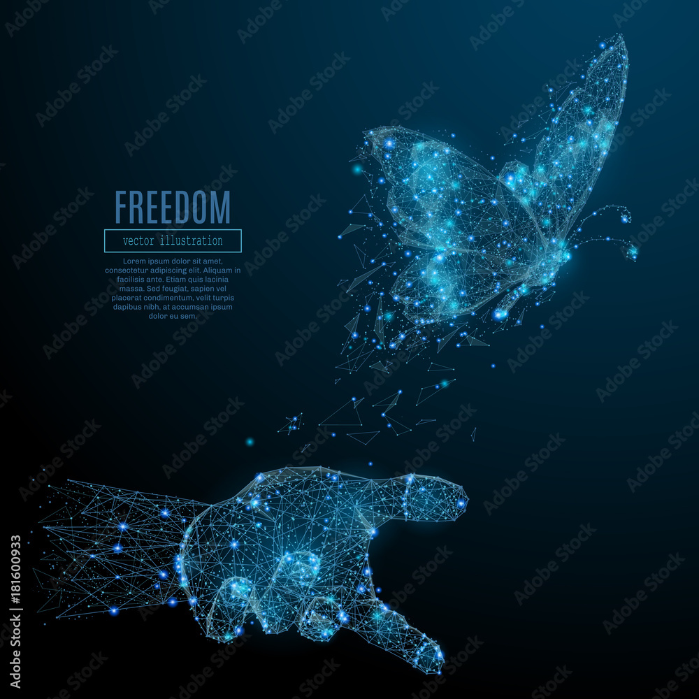 Fototapete butterfly in hand palm low poly wireframe. vector freedom polygonal image in the form of a starry sk