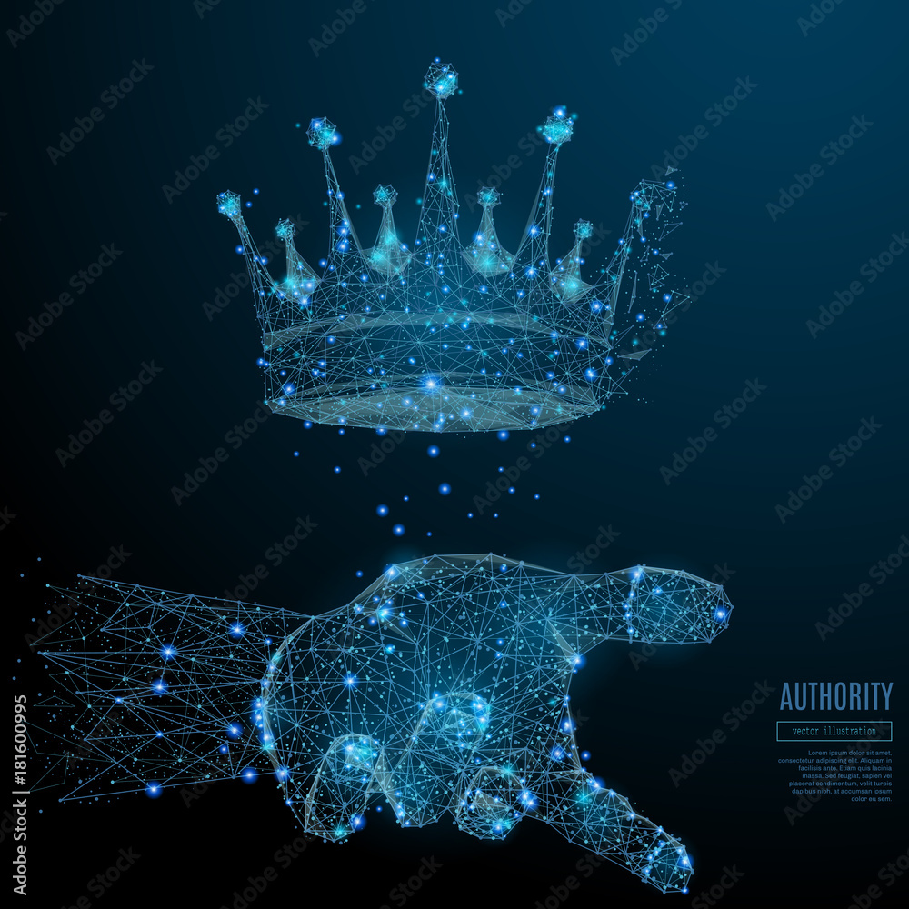 Fototapete crown in the hand palm low poly wireframe. vector authority polygonal image in the form of a starry 