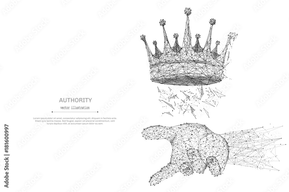 Aufkleber Abstract mash line and point crown in the hand palm on white background with an inscription. Starry sky or space, consisting of stars and the universe. Vector authority illustration