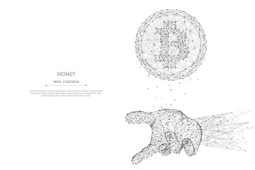 Bitcoin in hand palm line and point wireframe on white background with an inscription. Starry sky or space, consisting of stars and the universe. Vector low poly illustration