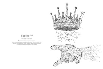 Abstract mash line and point crown in the hand palm on white background with an inscription. Starry sky or space, consisting of stars and the universe. Vector authority illustration