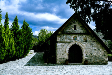 Fototapeta na wymiar Landscape, a view that reveals itself to the old authentic church in the mountains. Cyprus, Troodos