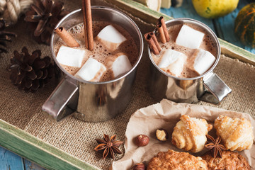 Metal cups with cacao and marshmallow and different cookies