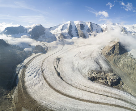 Panoramic aerial view of the Diavolezza and Pers glaciers, St.Moritz, canton of Graub&uuml;nden, Engadine, Switzerland