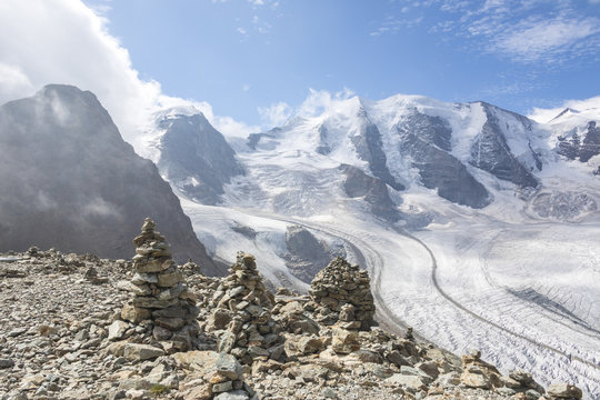 Overview of the Diavolezza and Pers glaciers and Piz Pal&ugrave;, St.Moritz, canton of Graub&uuml;nden, Engadine, Switzerland