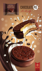Vector realistic illustration of chocolate pie with milk souffle.