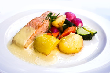 Grilled Salmon with fresh lettuce and mash potatoes