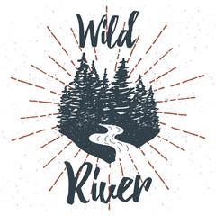 Hand drawn inspirational label with textured forest. Vector