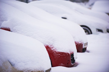Cars covered with snow in the parking.