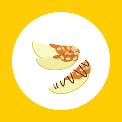 Apple slices with peanut butter, oatmeal flakes and chocolate. Vector flat icon of healthy snack.